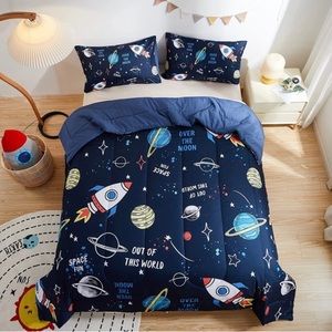 Kids Blue Rocket Outer Space Comforter set Bed-in-bag,Twin